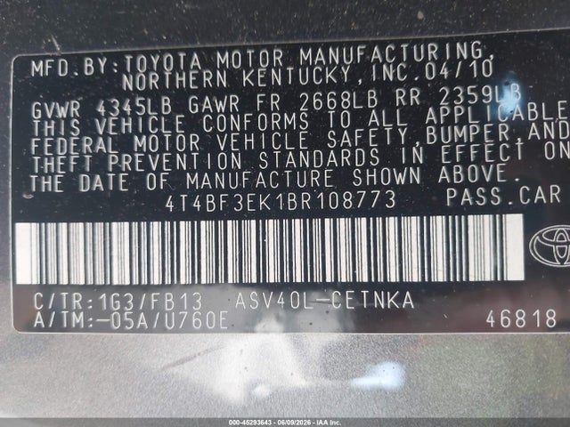 2011 Toyota Camry Le მანქანა იყიდება აუქციონზე, vin: 4T4BF3EK1BR108773, აუქციონის ნომერი: 45293643