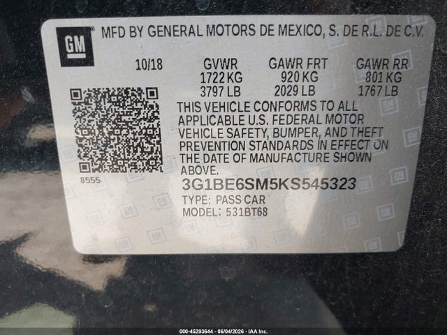 2019 Chevrolet Cruze Lt მანქანა იყიდება აუქციონზე, vin: 3G1BE6SM5KS545323, აუქციონის ნომერი: 45293644