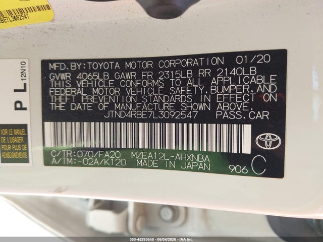 Aukcja sprzedaży 2020 Toyota Corolla Se, vin: JTND4RBE7L3092547, numer aukcji: 45293648