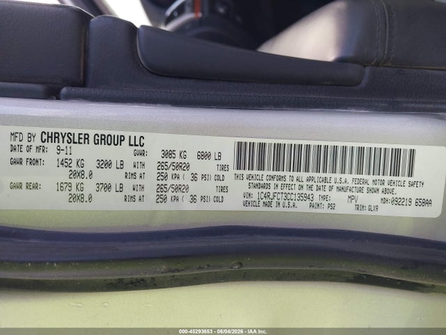 45293653 :رقم المزاد ، 1C4RJFCT3CC135943 vin ، 2012 Jeep Grand Cherokee Overland مزاد بيع