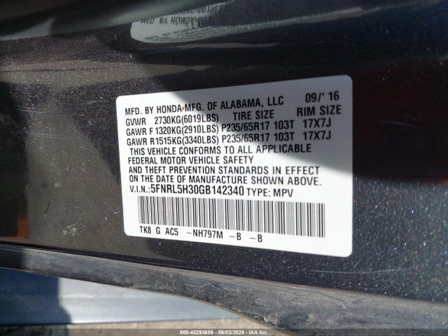 2016 Honda Odyssey Se მანქანა იყიდება აუქციონზე, vin: 5FNRL5H30GB142340, აუქციონის ნომერი: 45293656