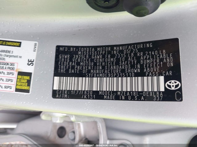 Aukcja sprzedaży 2025 Toyota Corolla Le, vin: 5YFB4MDE9SP315110, numer aukcji: 45293667