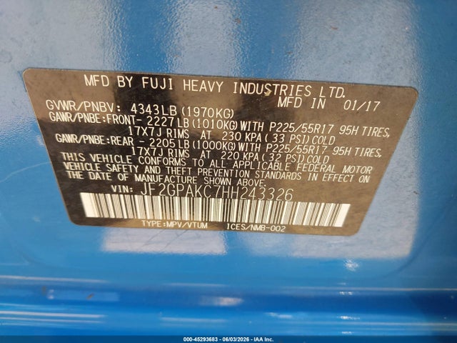 45293683 :رقم المزاد ، JF2GPAKC7HH243326 vin ، 2017 Subaru Crosstrek 2.0i Limited مزاد بيع
