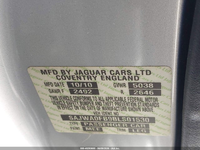 45293685 :رقم المزاد ، SAJWA0FB9BLS01530 vin ، 2011 Jaguar Xf مزاد بيع