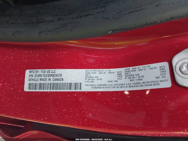 Продажа на аукционе авто 2025 Chrysler Pacifica Limited, vin: 2C4RC1GG9SR524375, номер лота: 45293686