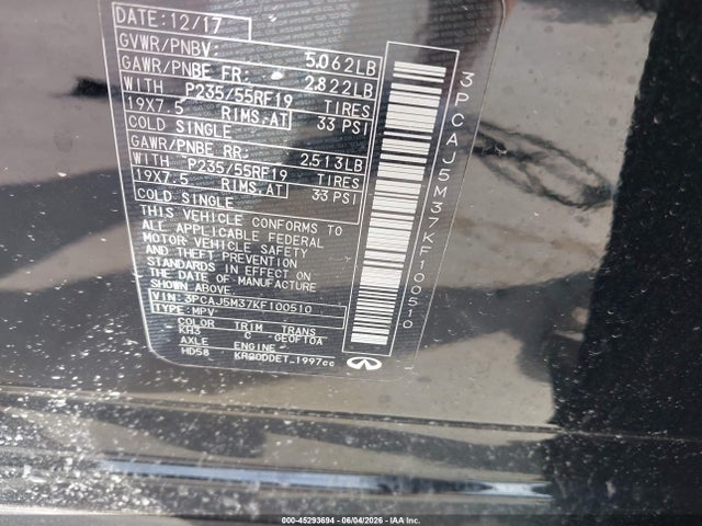 45293694 :رقم المزاد ، 3PCAJ5M37KF100510 vin ، 2019 Infiniti Qx50 مزاد بيع