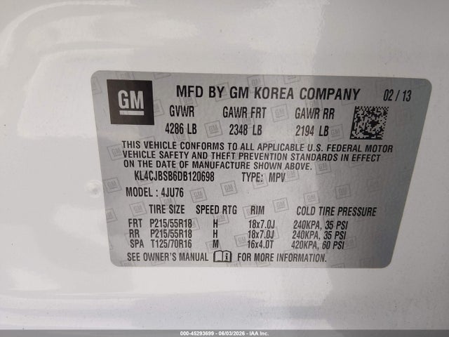 2013 Buick Encore Convenience მანქანა იყიდება აუქციონზე, vin: KL4CJBSB6DB120698, აუქციონის ნომერი: 45293699