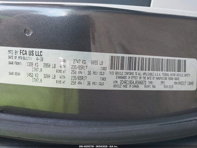 45293700 :رقم المزاد ، 2C4RC1BG4JR306673 vin ، 2018 Chrysler Pacifica Touring L مزاد بيع