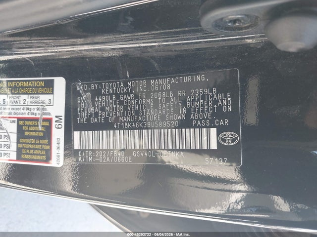 Aukcja sprzedaży 2009 Toyota Camry Le V6, vin: 4T1BK46K39U589520, numer aukcji: 45293722