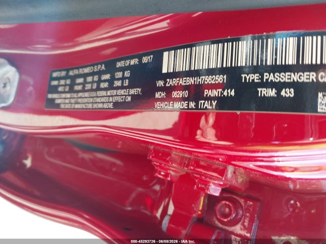 Продажа на аукционе авто 2017 Alfa Romeo Giulia Rwd, vin: ZARFAEBN1H7562561, номер лота: 45293726