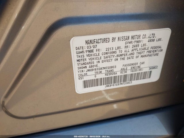 45293728 :رقم المزاد ، JNKBV61E87M720803 vin ، 2007 Infiniti G35 Sport مزاد بيع