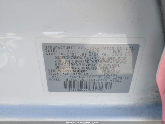 3N1CN8EV5ML859341 Nissan Versa Sv Xtronic Cvt