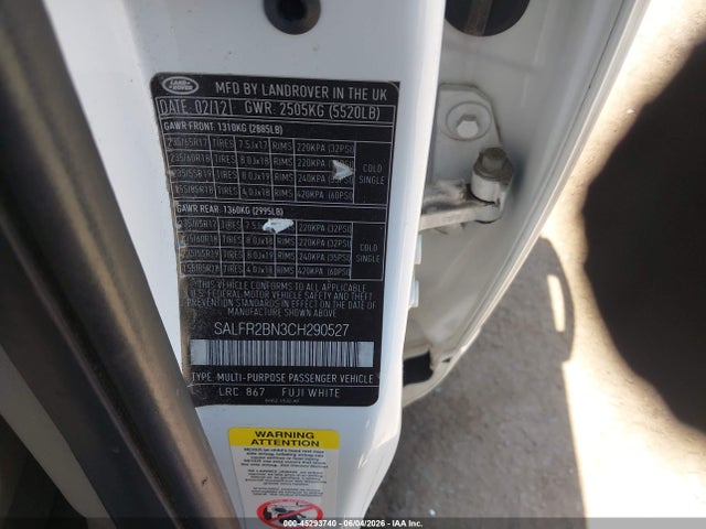 2012 Land Rover Lr2 მანქანა იყიდება აუქციონზე, vin: SALFR2BN3CH290527, აუქციონის ნომერი: 45293740