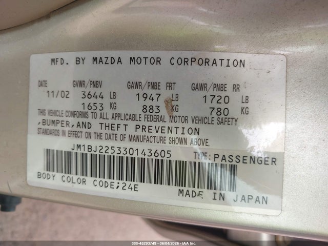 Продаж на аукціоні авто 2003 Mazda Protege Dx/es/lx, vin: JM1BJ225330143605, номер лоту: 45293749