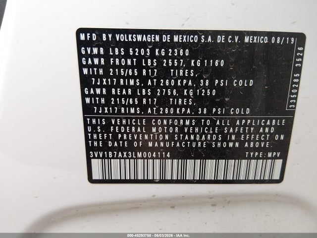 Продажа на аукционе авто 2020 Volkswagen Tiguan 2.0t S, vin: 3VV1B7AX3LM004114, номер лота: 45293758
