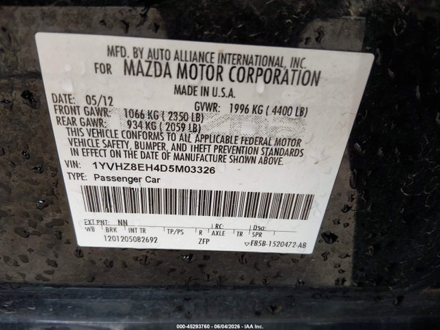 Aukcja sprzedaży 2013 Mazda Mazda6 I Touring Plus, vin: 1YVHZ8EH4D5M03326, numer aukcji: 45293760