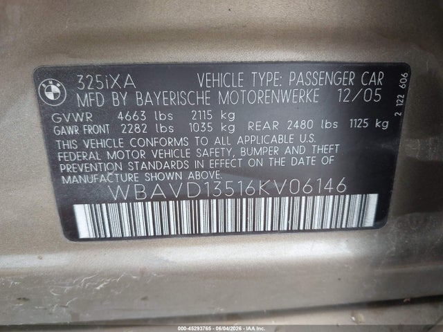 45293765 :رقم المزاد ، WBAVD13516KV06146 vin ، 2006 Bmw 325xi مزاد بيع