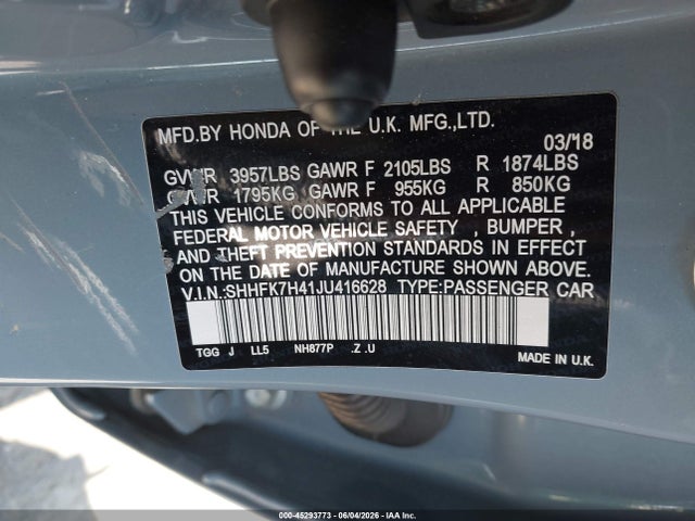Aukcja sprzedaży 2018 Honda Civic Sport, vin: SHHFK7H41JU416628, numer aukcji: 45293773