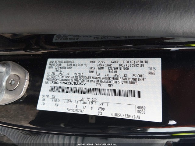 45293804 :رقم المزاد ، 1FMCU9NA2SUB23572 vin ، 2025 Ford Escape St-line Select مزاد بيع