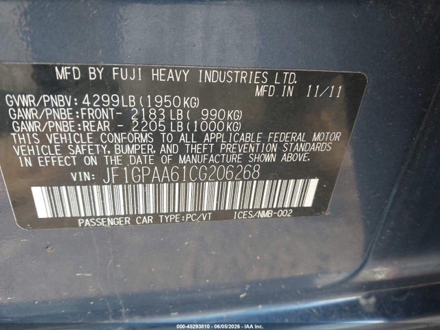 Продаж на аукціоні авто 2012 Subaru Impreza 2.0i, vin: JF1GPAA61CG206268, номер лоту: 45293810