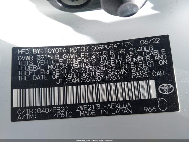 Aukcja sprzedaży 2022 Toyota Corolla Hybrid Le, vin: JTDEAMDE6N3011963, numer aukcji: 45293823