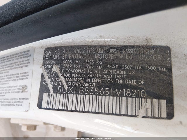 45293828 :رقم المزاد ، 5UXFB53565LV18210 vin ، 2005 Bmw X5 4.4i مزاد بيع