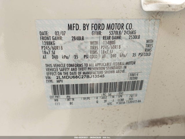 Aukcja sprzedaży 2007 Lincoln Mkx, vin: 2LMDU68C27BJ13545, numer aukcji: 45293831