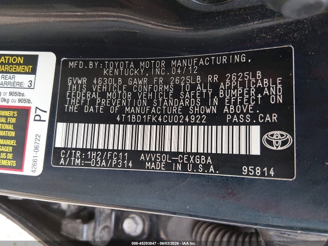 Продаж на аукціоні авто 2012 Toyota Camry Hybrid Xle, vin: 4T1BD1FK4CU024922, номер лоту: 45293847