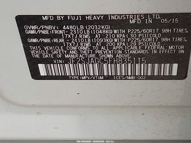 2015 Subaru Forester 2.5i Premium მანქანა იყიდება აუქციონზე, vin: JF2SJAGC5FH835115, აუქციონის ნომერი: 45293855