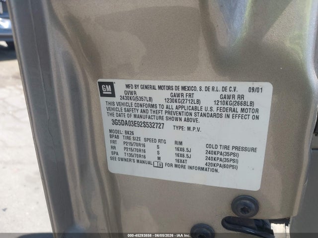 45293858 :رقم المزاد ، 3G5DA03E92S532727 vin ، 2002 Buick Rendezvous Cx مزاد بيع