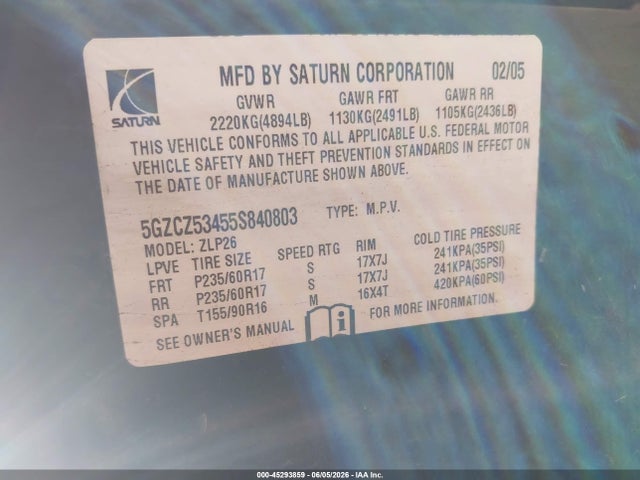 Aukcja sprzedaży 2005 Saturn Vue V6, vin: 5GZCZ53455S840803, numer aukcji: 45293859