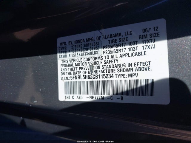 Продаж на аукціоні авто 2012 Honda Odyssey Ex-l, vin: 5FNRL5H63CB115234, номер лоту: 45293873