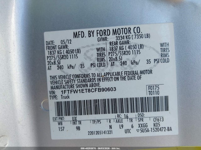 Aukcja sprzedaży 2012 Ford F-150 Platinum, vin: 1FTFW1ET8CFB90603, numer aukcji: 45293876