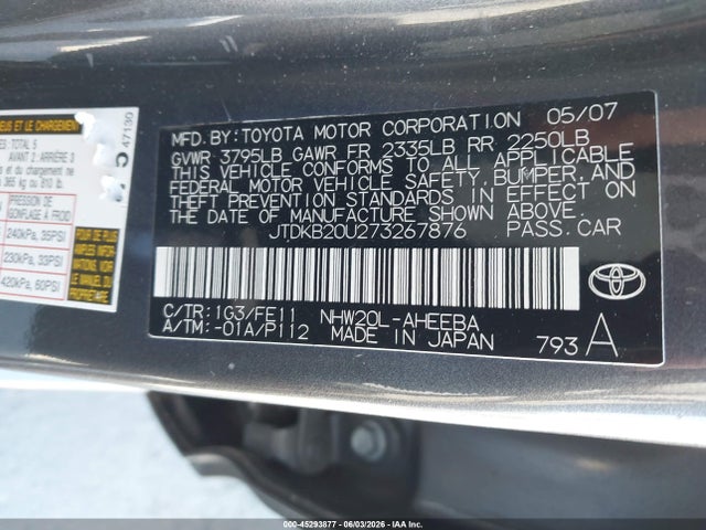 Aukcja sprzedaży 2007 Toyota Prius, vin: JTDKB20U273267876, numer aukcji: 45293877
