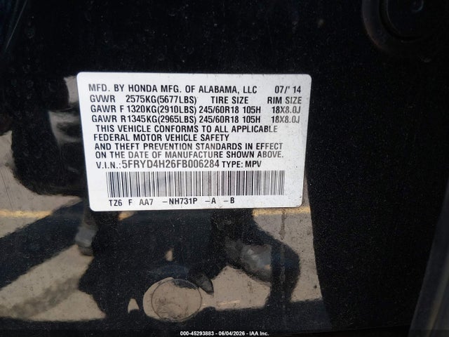 45293883 :رقم المزاد ، 5FRYD4H26FB006284 vin ، 2015 Acura Mdx مزاد بيع