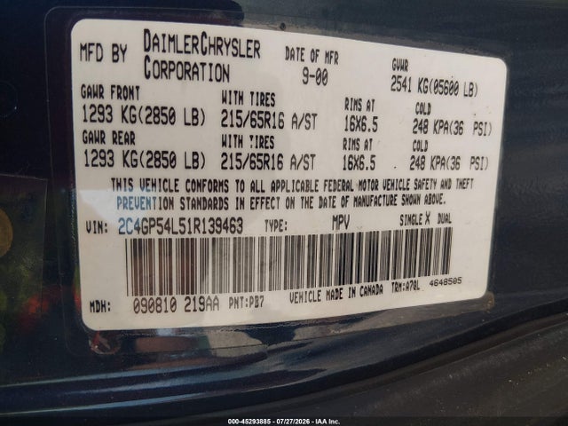 2001 Chrysler Town & Country Lxi მანქანა იყიდება აუქციონზე, vin: 2C4GP54L51R139463, აუქციონის ნომერი: 45293885