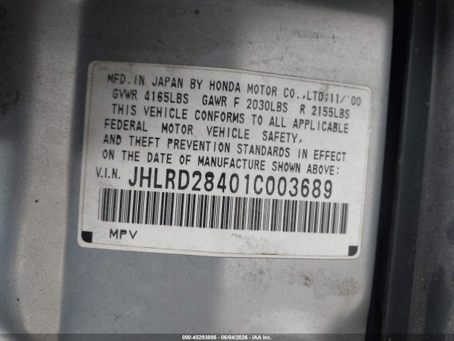 Продаж на аукціоні авто 2001 Honda Cr-v Lx, vin: JHLRD28401C003689, номер лоту: 45293886
