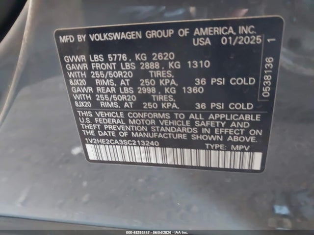 2025 Volkswagen Atlas Cross Sport 2.0t Se W/technology მანქანა იყიდება აუქციონზე, vin: 1V2HE2CA3SC213240, აუქციონის ნომერი: 45293887