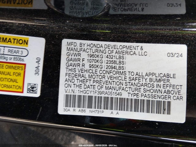45293889 :رقم المزاد ، 1HGCY1F39RA051549 vin ، 2024 Honda Accord Ex مزاد بيع