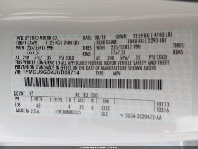 Ford ESCAPE SE 2018 1FMCU9GD4JUD08714 Image 9