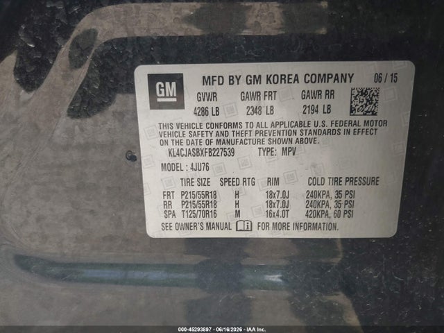 45293897 :رقم المزاد ، KL4CJASBXFB227539 vin ، 2015 Buick Encore مزاد بيع