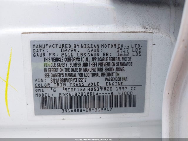 Продаж на аукціоні авто 2024 Nissan Sentra S Xtronic Cvt, vin: 3N1AB8BV0RY312217, номер лоту: 45293910