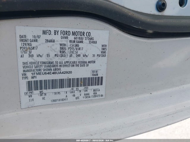 2008 Ford Explorer Eddie Bauer მანქანა იყიდება აუქციონზე, vin: 1FMEU64E48UA42920, აუქციონის ნომერი: 45293917