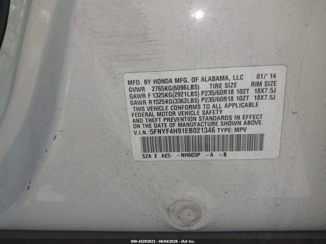 5FNYF4H91EB021346 Honda Pilot Touring