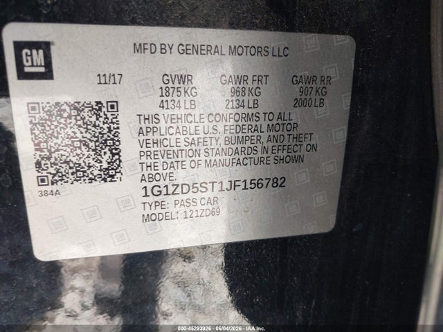 Продажа на аукционе авто 2018 Chevrolet Malibu Lt, vin: 1G1ZD5ST1JF156782, номер лота: 45293926
