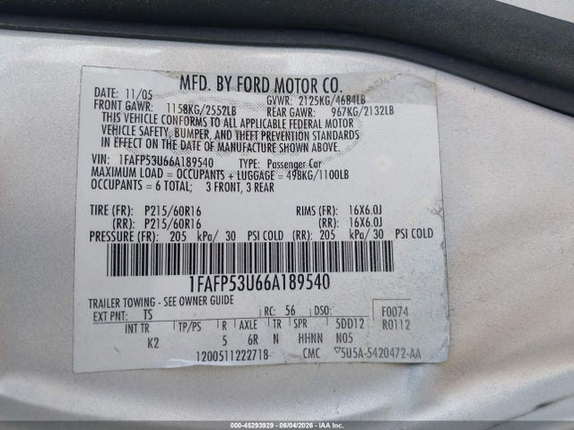 2006 Ford Taurus Se მანქანა იყიდება აუქციონზე, vin: 1FAFP53U66A189540, აუქციონის ნომერი: 45293929