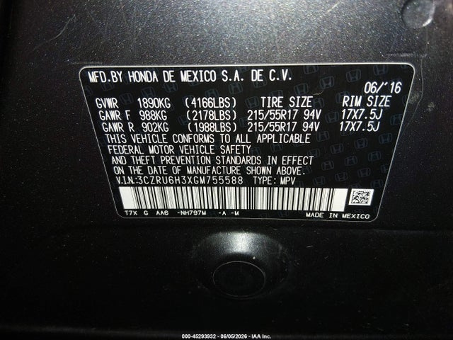 3CZRU6H3XGM755588 Honda HR-V LX