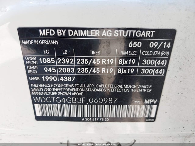 Aukcja sprzedaży 2015 Mercedes-benz Gla 250 4matic, vin: WDCTG4GB3FJ060987, numer aukcji: 45293941
