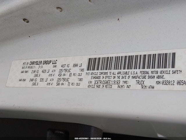 45293961 :رقم المزاد ، 3C6TRVDG0EE119163 vin ، 2014 Ram Promaster 2500 High Roof مزاد بيع