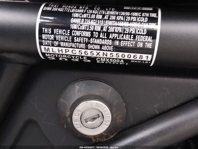 Продаж на аукціоні авто 2022 Honda Cmx500 A, vin: MLHPC565XN5500681, номер лоту: 45293972